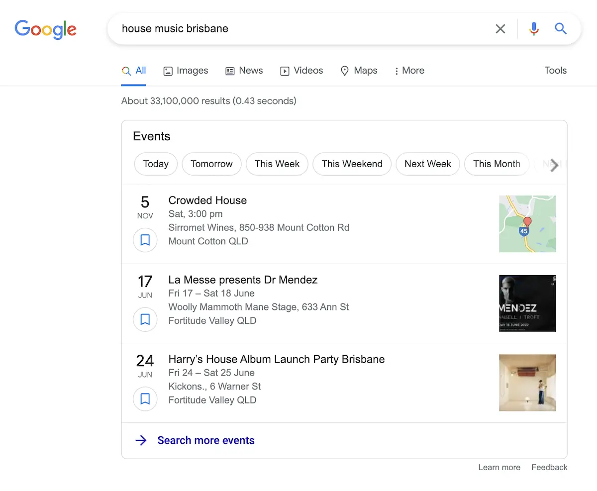 google rich snippet tool events